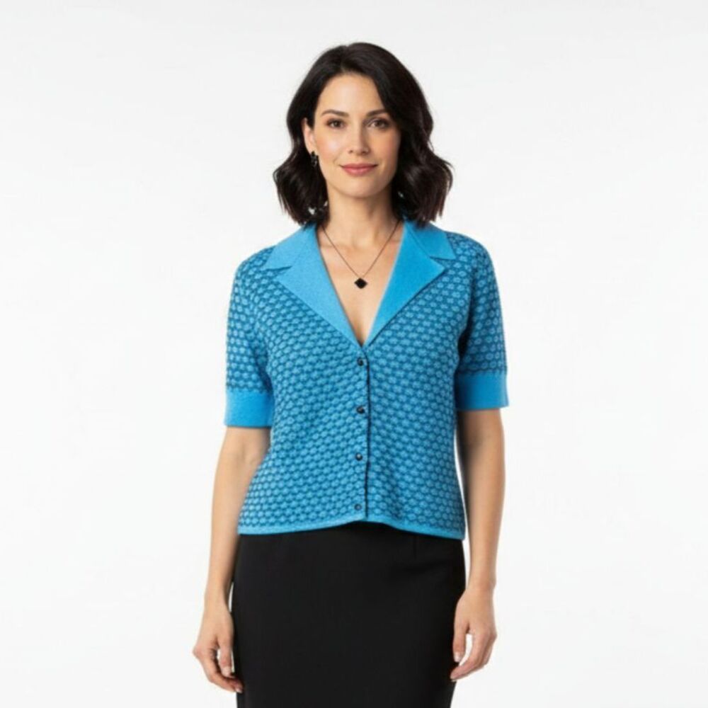San Remo Blue & Black Print Knit Button Close Cardigan Sweater L